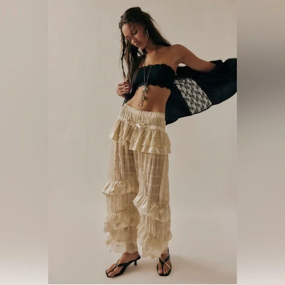 Free People Belle Ruffle Pants in Ivory - Picture 2 of 13